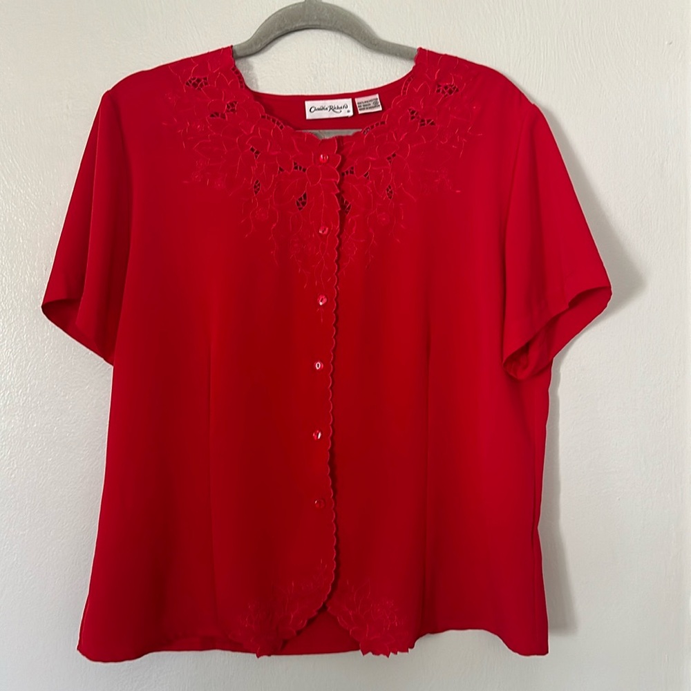 Vintage Claudia Richard Red Floral Cut Out Detail Short Sleeve Blouse sz 14 / L